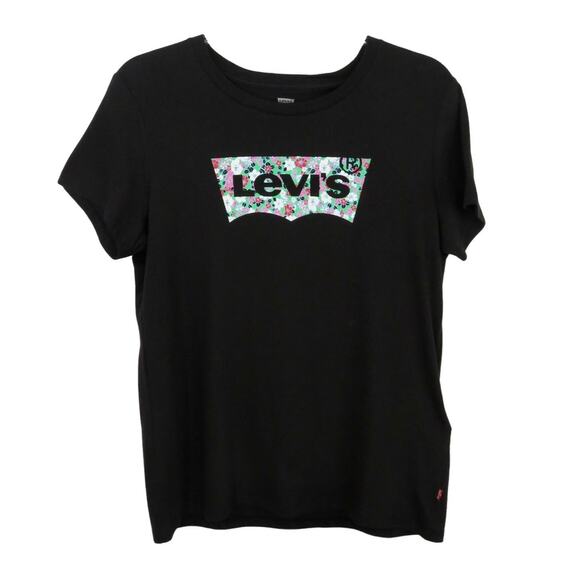 Levi's Women's Black Floral Logo Graphic Tee Graphic Crewneck T-Shirt Medium - Picture 2 of 5